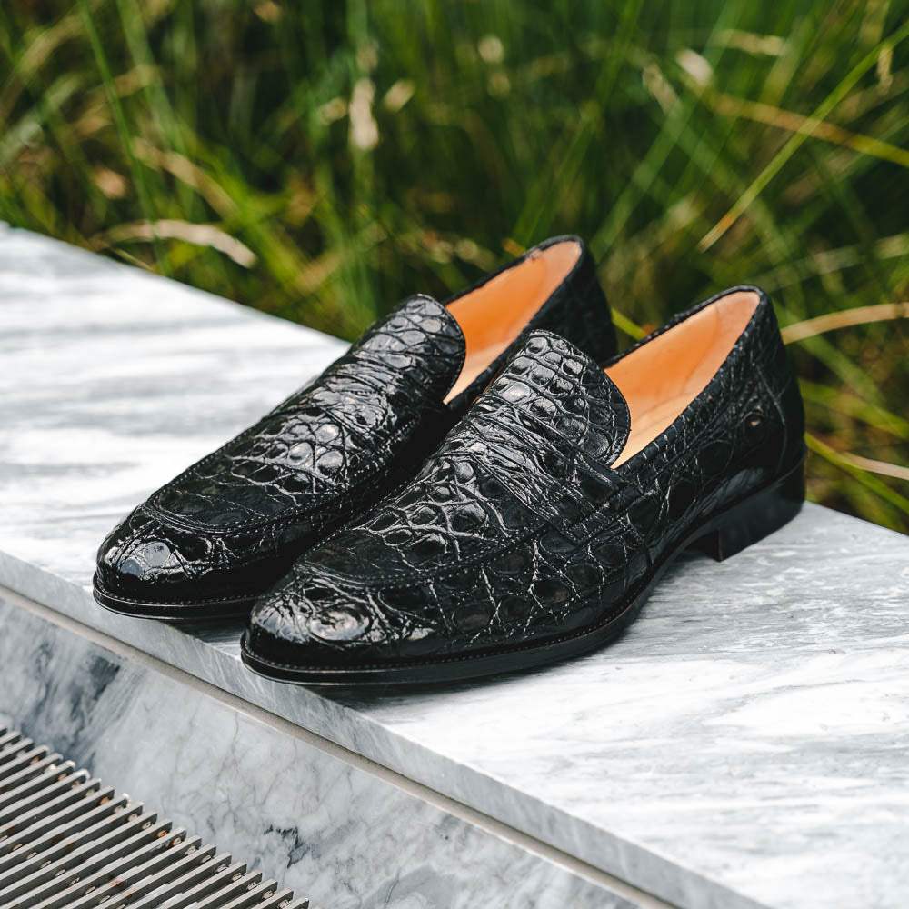11-201-BKM ROMA Crocodile Penny Loafer, Black - Zelli Italia - Flyclothing LLC