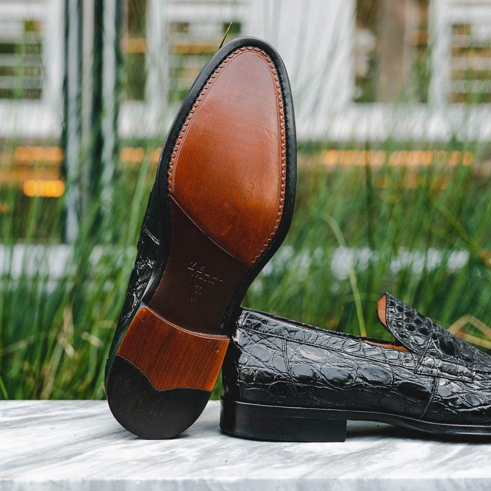 11-201-BKM ROMA Crocodile Penny Loafer, Black - Zelli Italia - Flyclothing LLC