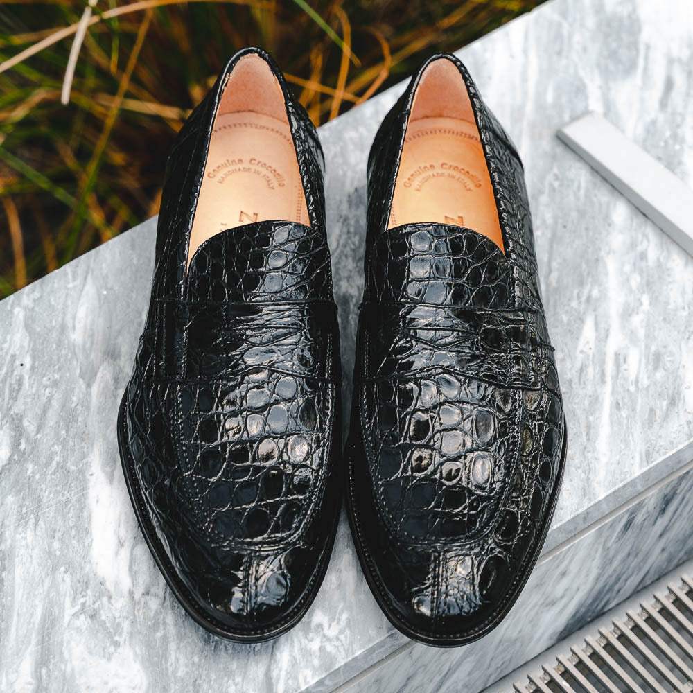 11-201-BKM ROMA Crocodile Penny Loafer, Black - Zelli Italia - Flyclothing LLC