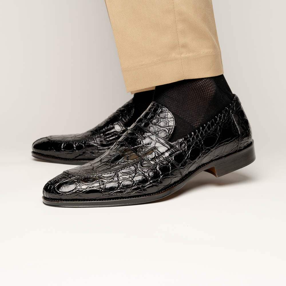 11-201-BKM ROMA Crocodile Penny Loafer, Black - Zelli Italia - Flyclothing LLC