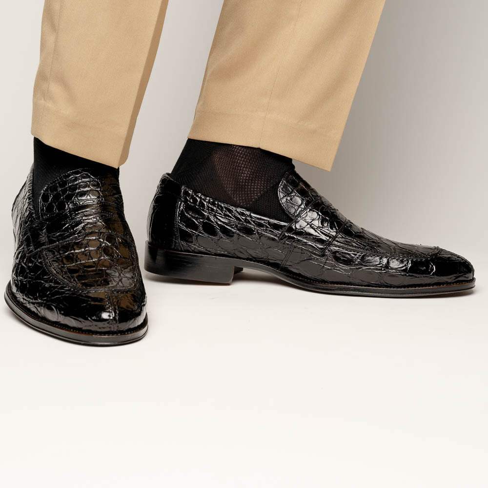 11-201-BKM ROMA Crocodile Penny Loafer, Black - Zelli Italia - Flyclothing LLC
