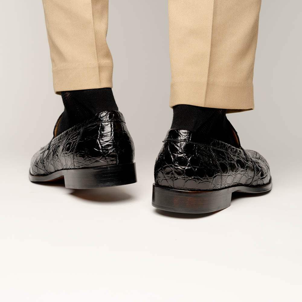11-201-BKM ROMA Crocodile Penny Loafer, Black - Zelli Italia - Flyclothing LLC