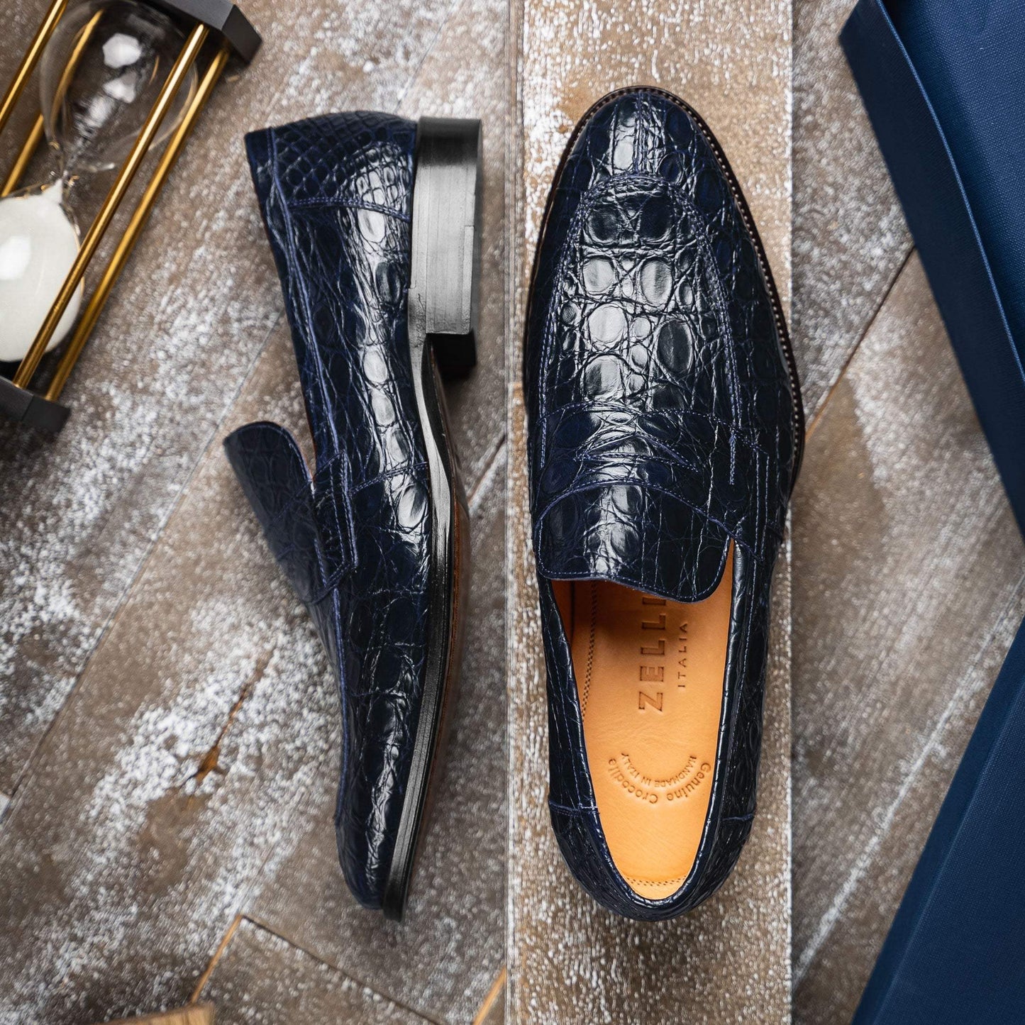 11-201-NVY ROMA Crocodile Penny Loafer, Navy - Zelli Italia - Flyclothing LLC