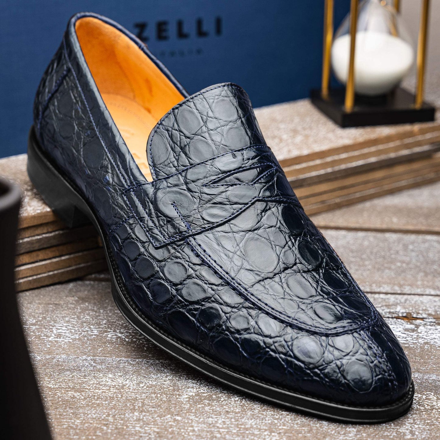 11-201-NVY ROMA Crocodile Penny Loafer, Navy - Zelli Italia - Flyclothing LLC
