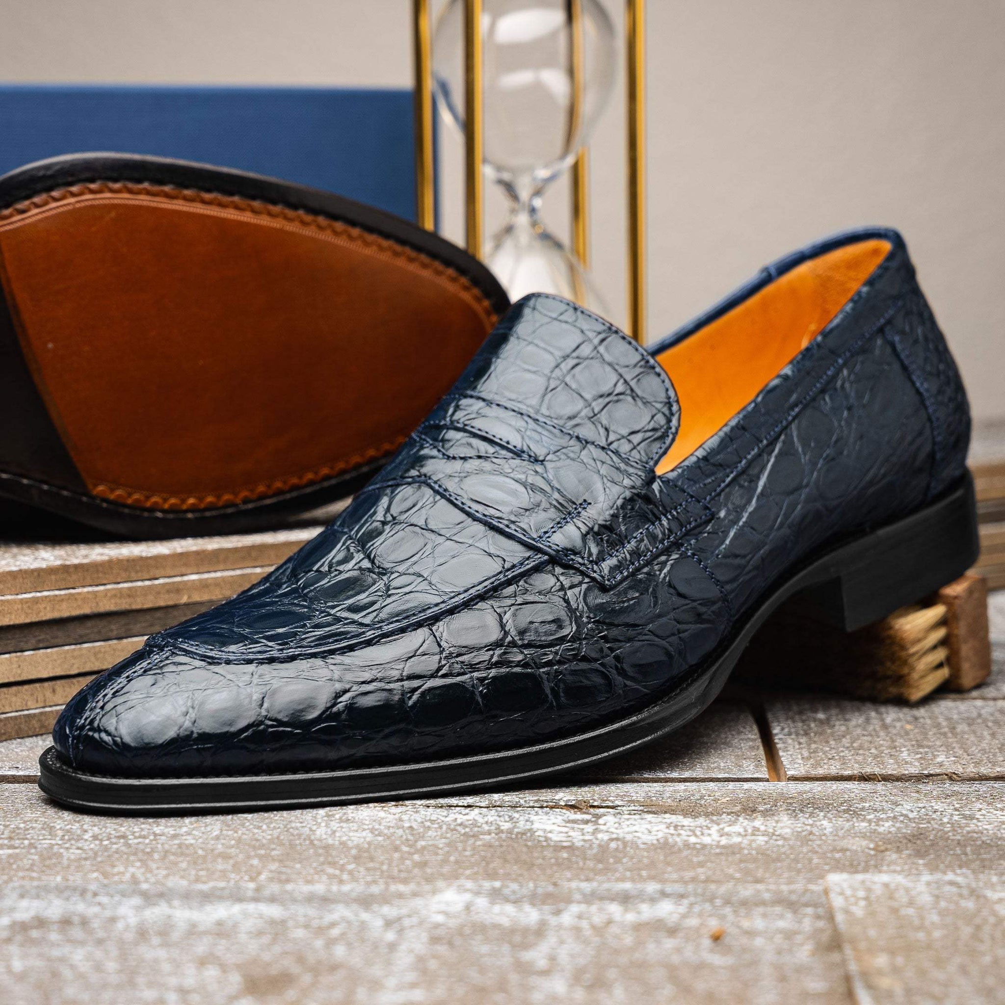 11-201-NVY ROMA Crocodile Penny Loafer, Navy - Zelli Italia - Flyclothing LLC