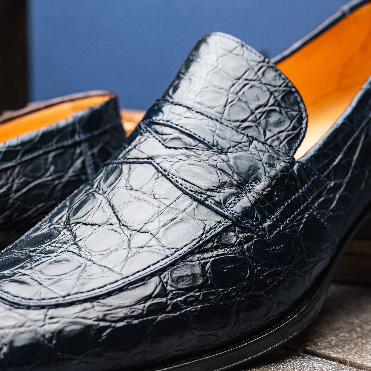 11-201-NVY ROMA Crocodile Penny Loafer, Navy - Zelli Italia - Flyclothing LLC