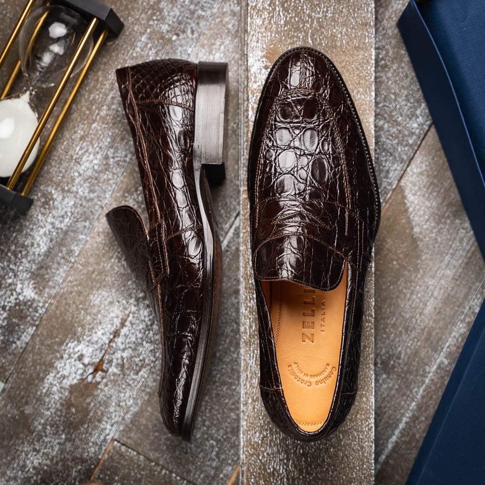 11-201-NIC ROMA Crocodile Penny Loafer, Nicotine - Zelli Italia - Flyclothing LLC