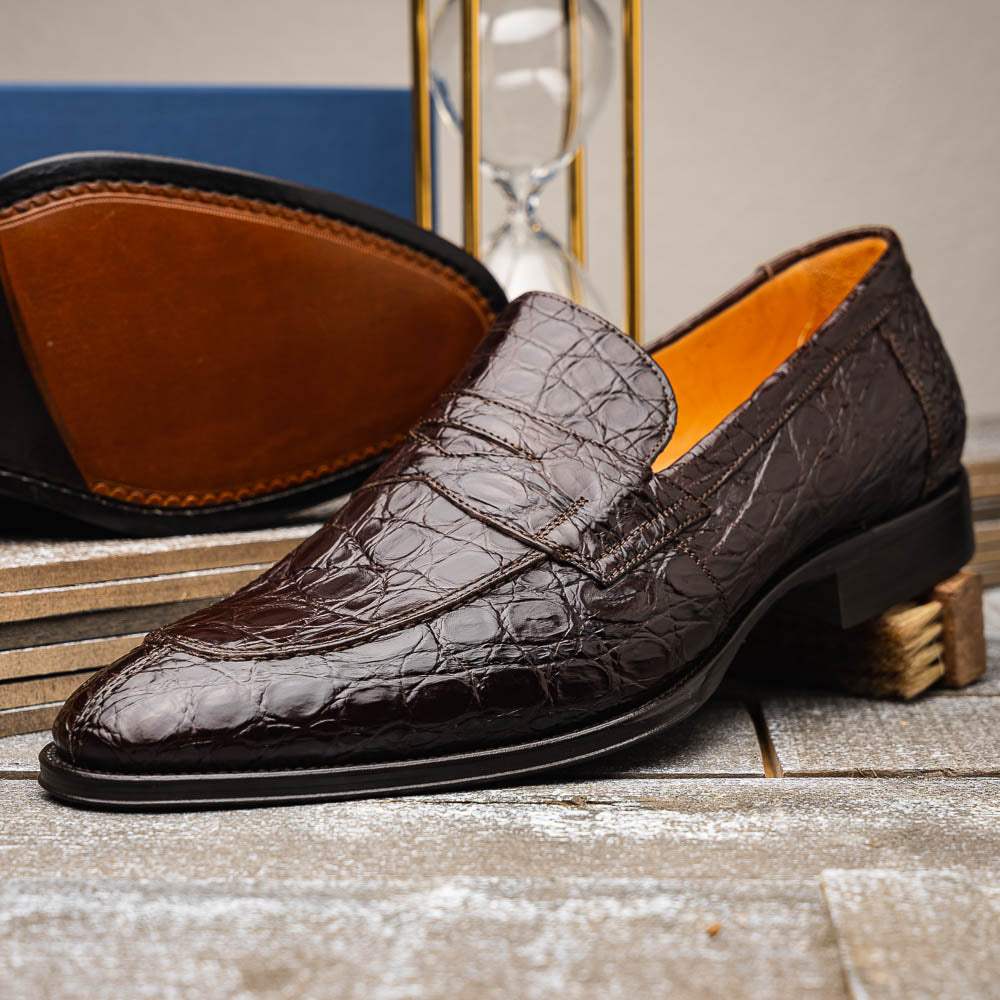 11-201-NIC ROMA Crocodile Penny Loafer, Nicotine - Zelli Italia - Flyclothing LLC