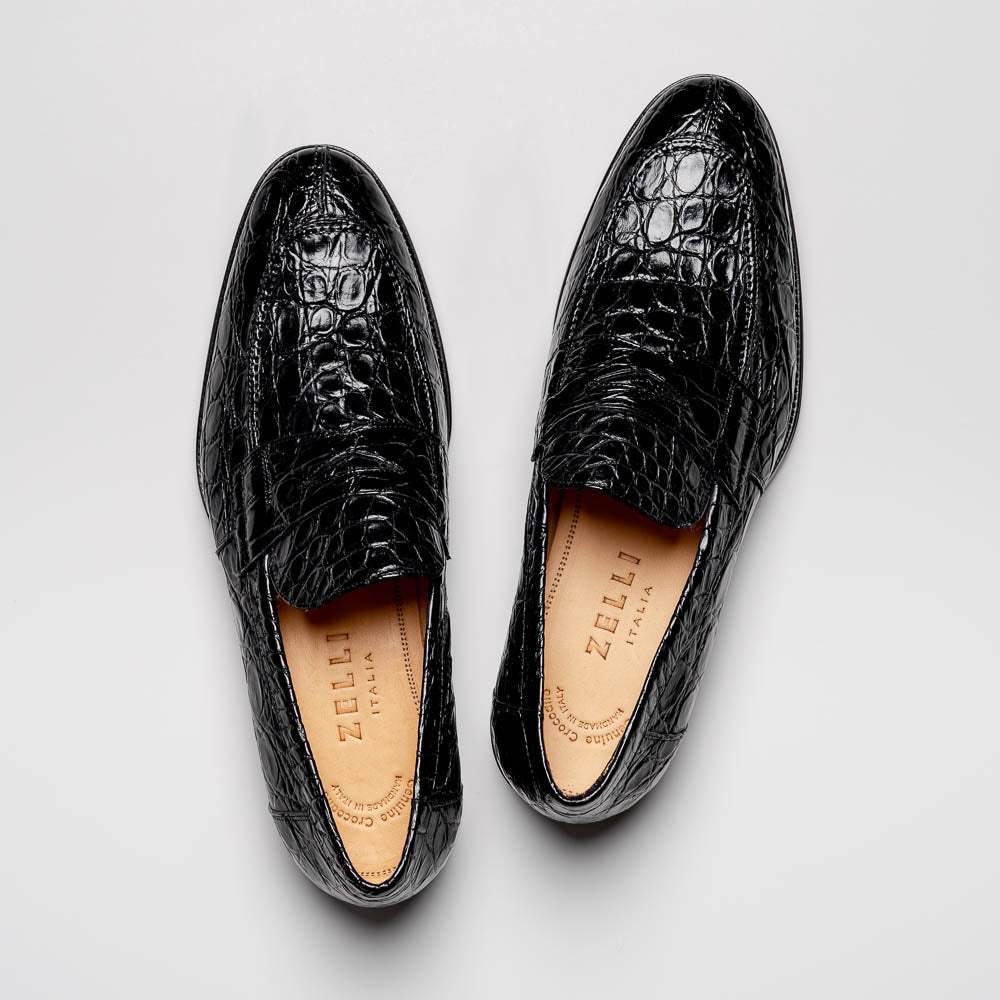 11-201-BKM ROMA Crocodile Penny Loafer, Black - Zelli Italia - Flyclothing LLC