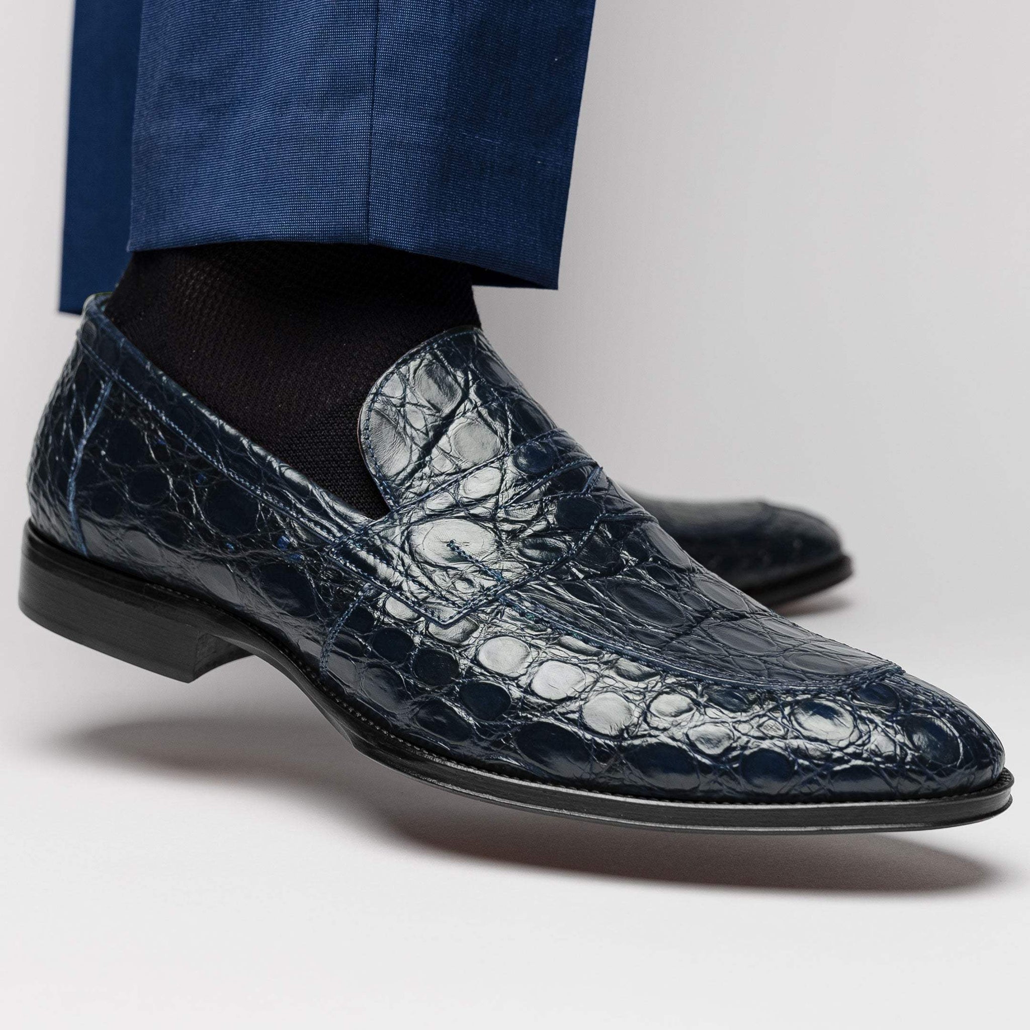 11-201-NVY ROMA Crocodile Penny Loafer, Navy - Zelli Italia - Flyclothing LLC