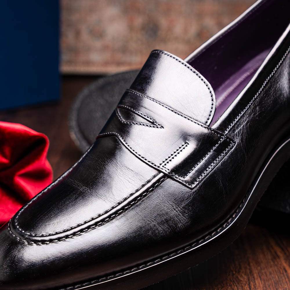 15-400-BLK ROMA Hand Burnished Calfskin Penny Loafer Black - Zelli Italia - Flyclothing LLC