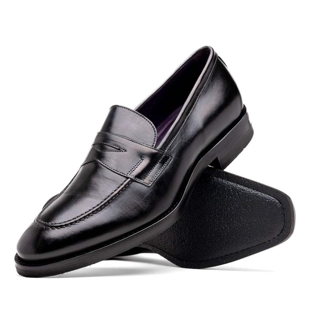 15-400-BLK ROMA Hand Burnished Calfskin Penny Loafer Black - Zelli Italia - Flyclothing LLC