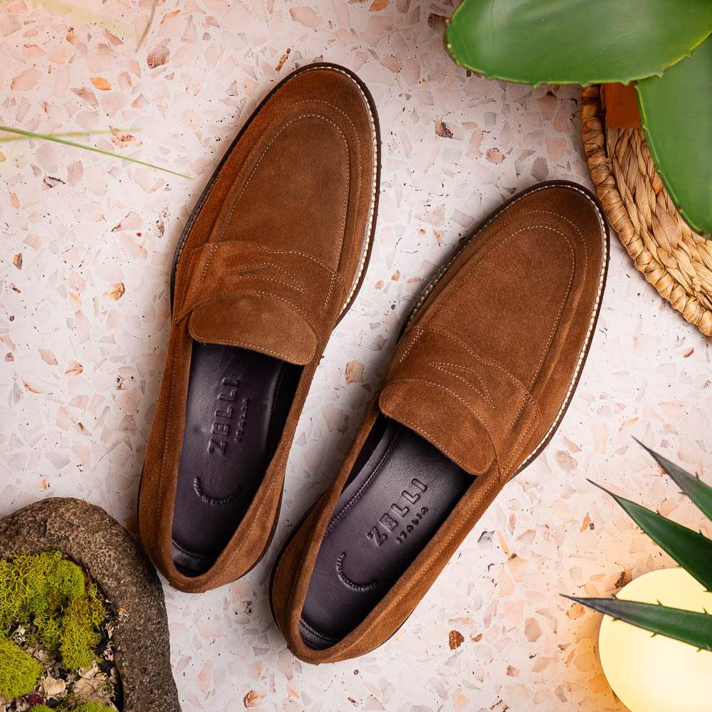 16-657-TOB ROMA Italian Suede Penny Loafers Tobacco - Zelli Italia - Flyclothing LLC