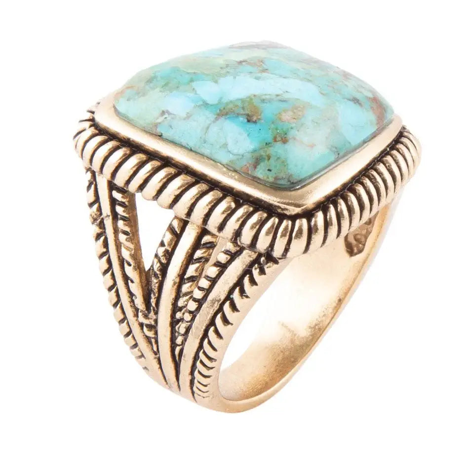 Roped Square Blue Turquoise Golden Statement Ring - Barse Jewelry - Flyclothing LLC
