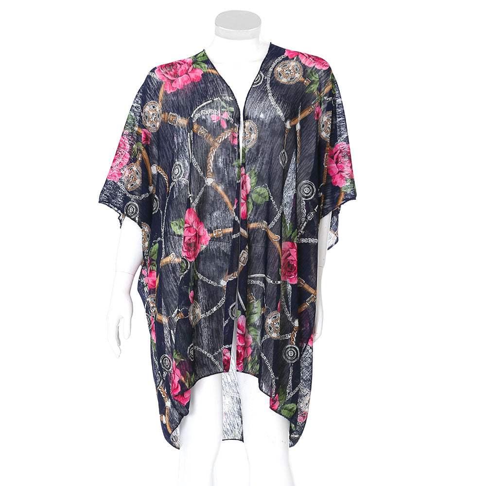 Rose Flower Chain Print Cover Up Kimono Poncho Beachwear - Madeline Love - Flyclothing LLC