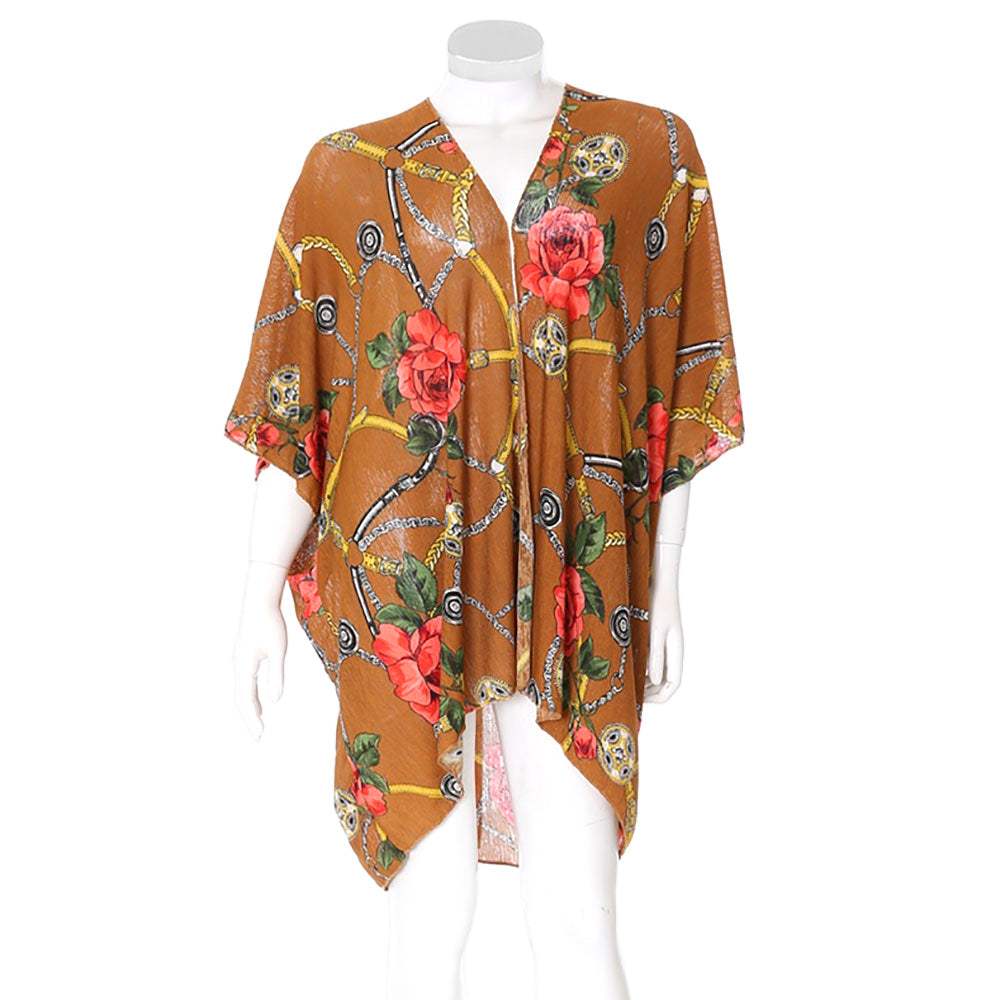 Rose Flower Chain Print Cover Up Kimono Poncho Beachwear - Madeline Love - Flyclothing LLC