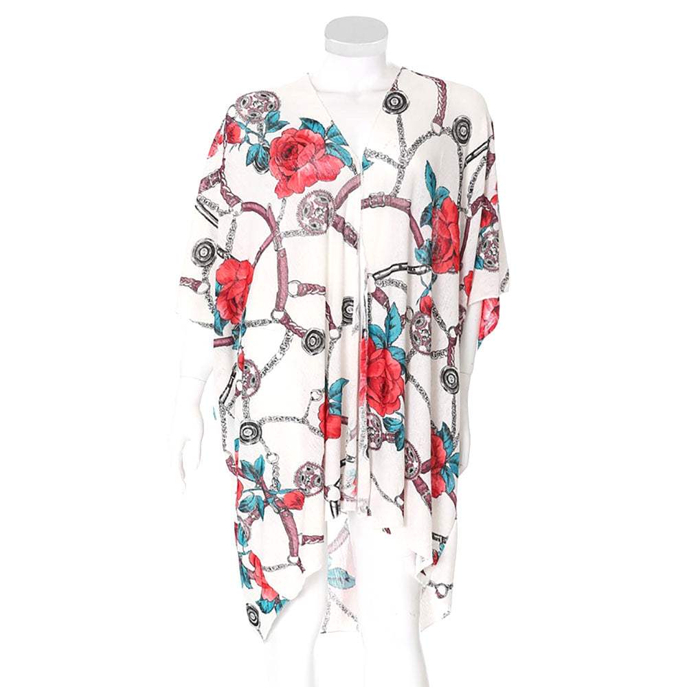 Rose Flower Chain Print Cover Up Kimono Poncho Beachwear - Madeline Love - Flyclothing LLC