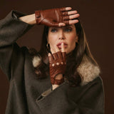 Rossana (cognac) - Italian fingerless lambskin leather driving gloves