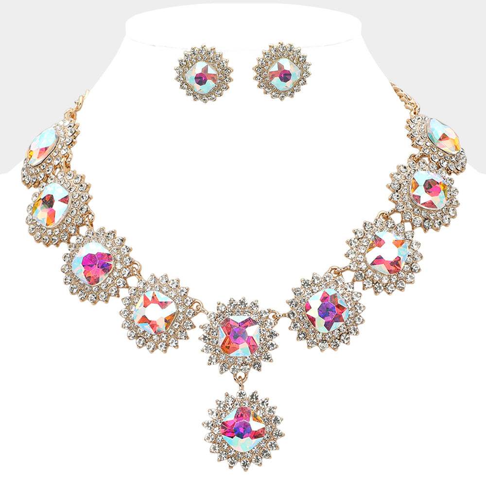 Round Glass Stone Cluster Link Evening Necklace - Madeline Love - Flyclothing LLC