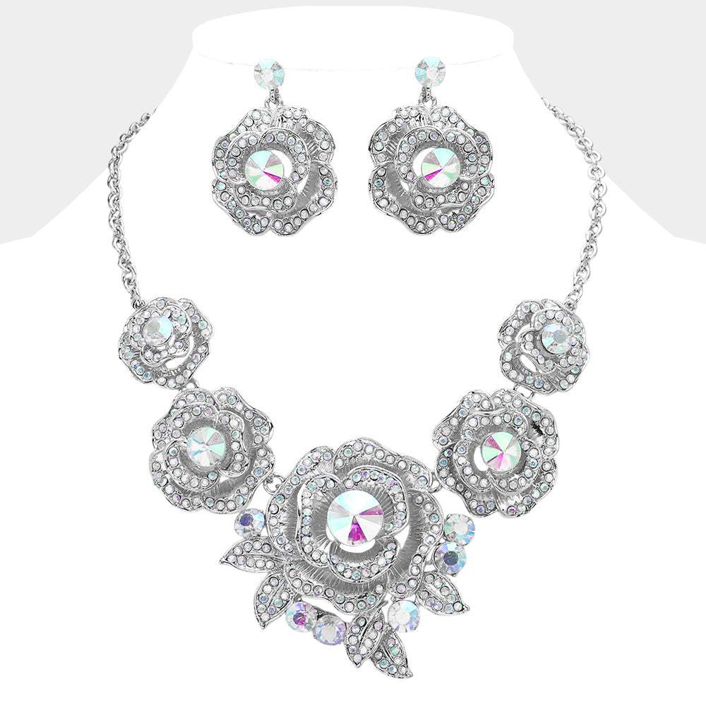 Round Stone Accented Rhinestone Paved Rose Embellished Statement Necklace - Madeline Love - Flyclothing LLC