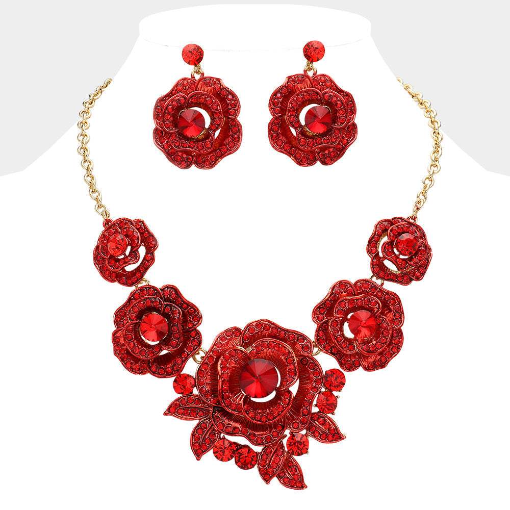 Round Stone Accented Rhinestone Paved Rose Embellished Statement Necklace - Madeline Love - Flyclothing LLC