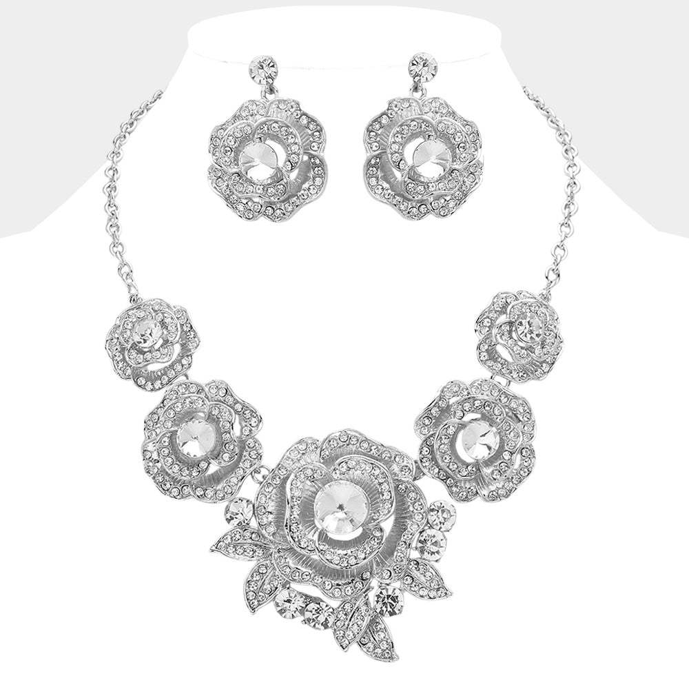 Round Stone Accented Rhinestone Paved Rose Embellished Statement Necklace - Madeline Love - Flyclothing LLC