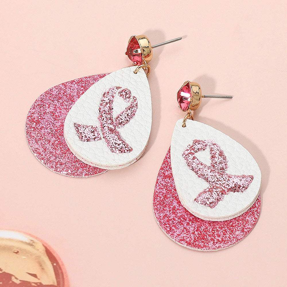 Round Stone Bling Pink Ribbon Accented Teardrop Dangle Earrings - Madeline Love - Flyclothing LLC