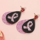 Round Stone Bling Pink Ribbon Accented Teardrop Dangle Earrings - Madeline Love - Flyclothing LLC