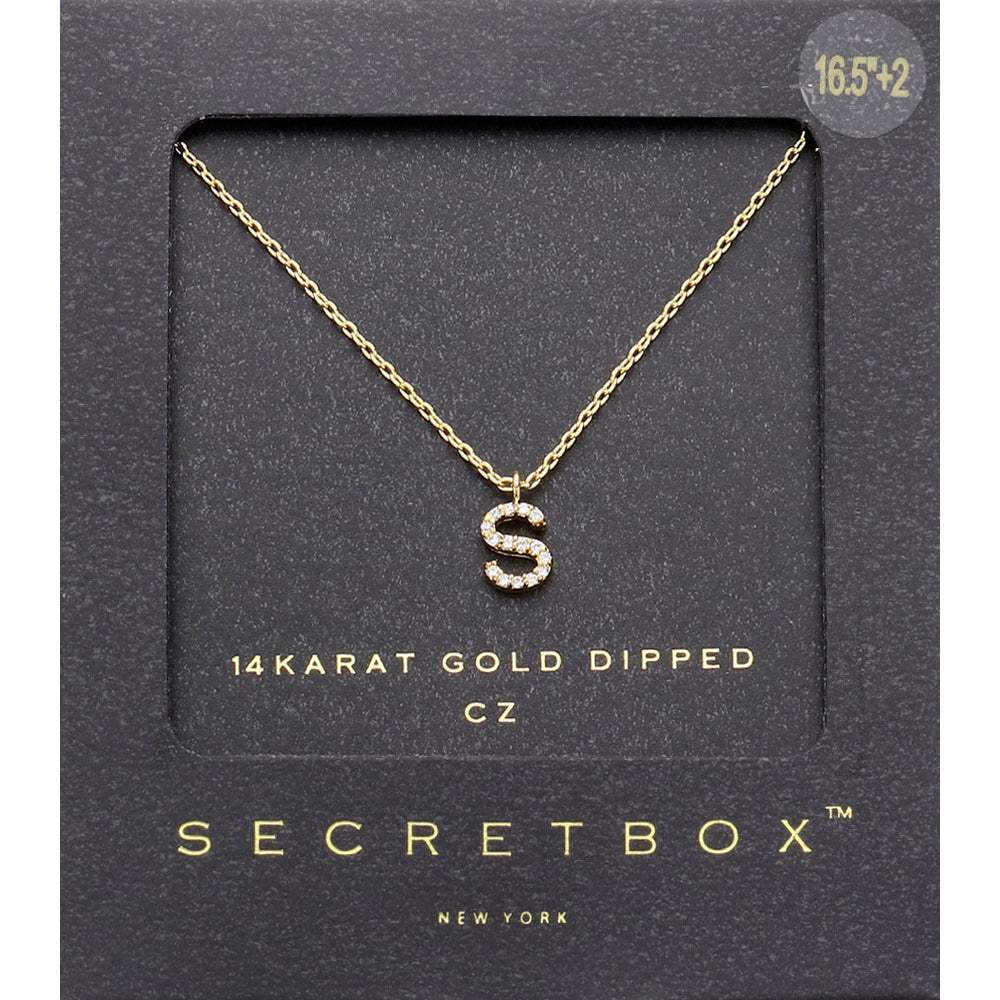 -S- Secret Box 14K Gold Dipped Cubic Zirconia Initial Monogram Pendant Necklace - Madeline Love - Flyclothing LLC