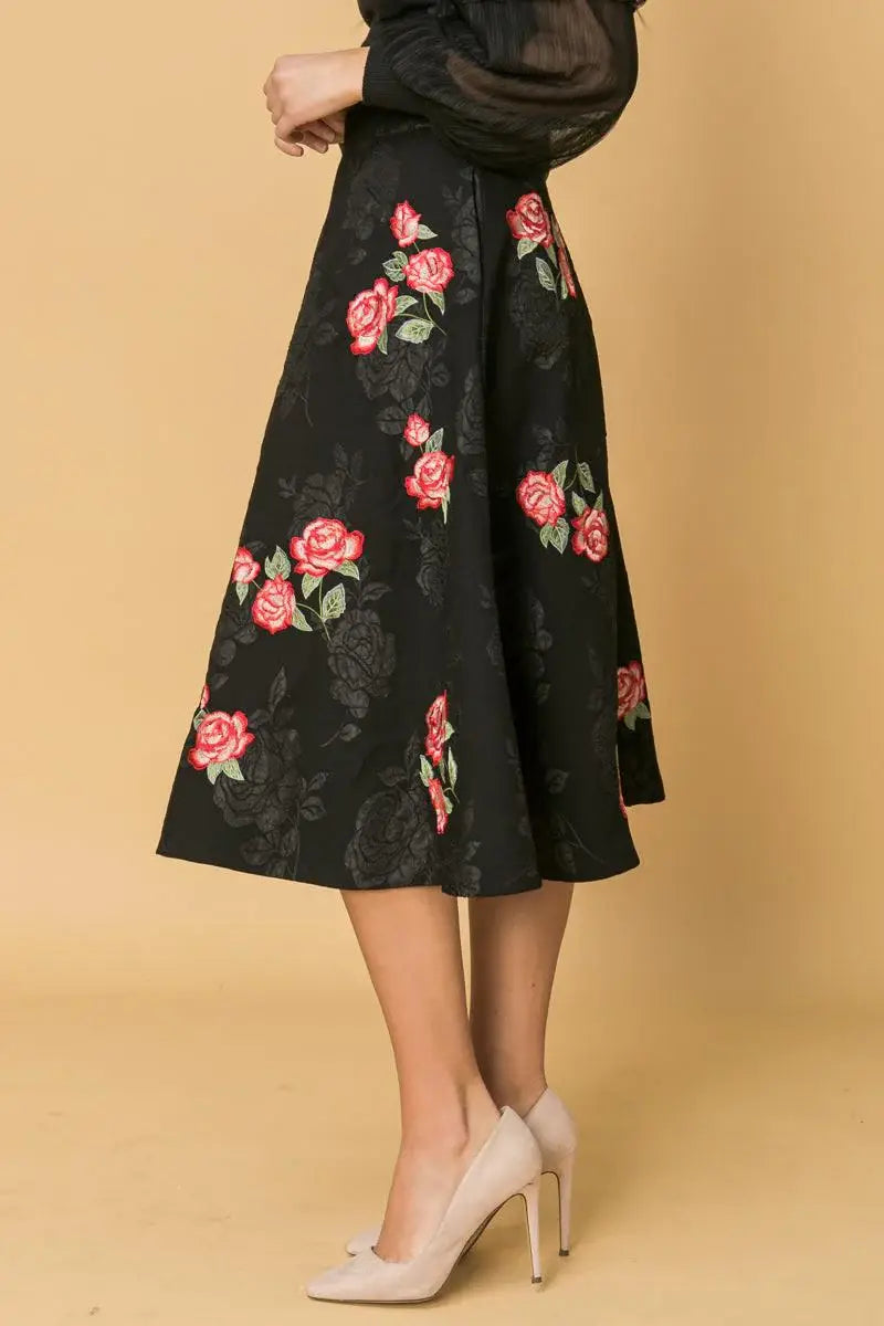 ROSE EMBROIDERY MIDI SKIRT - Flying Tomato - Flyclothing LLC