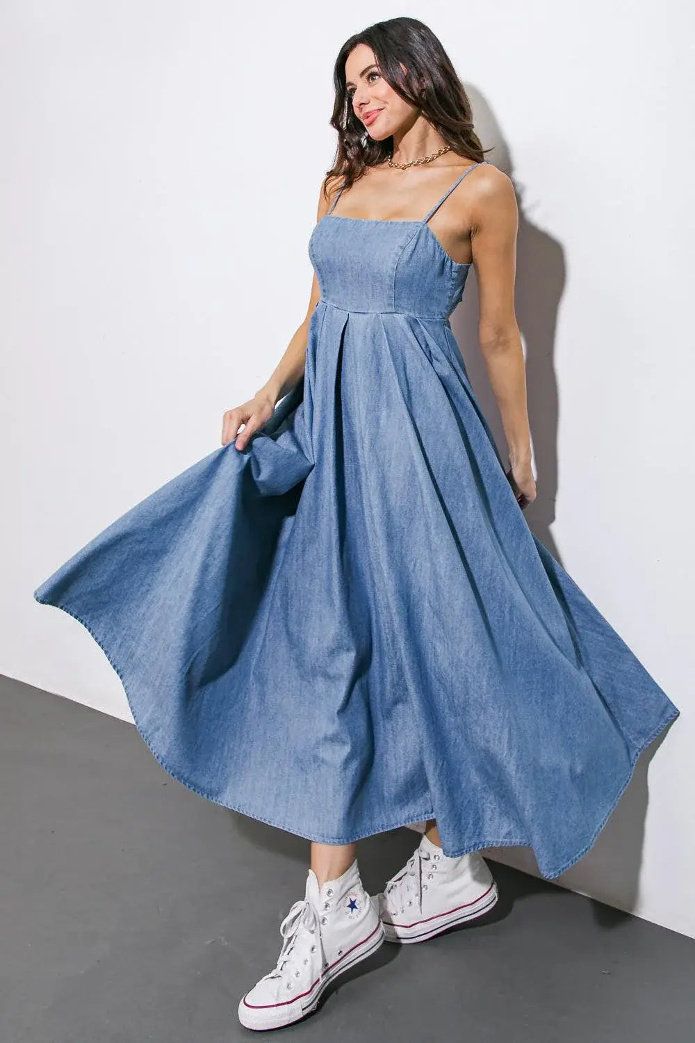 CAPTIVATING HEART DENIM MIDI DRESS - Flying Tomato - Flyclothing LLC