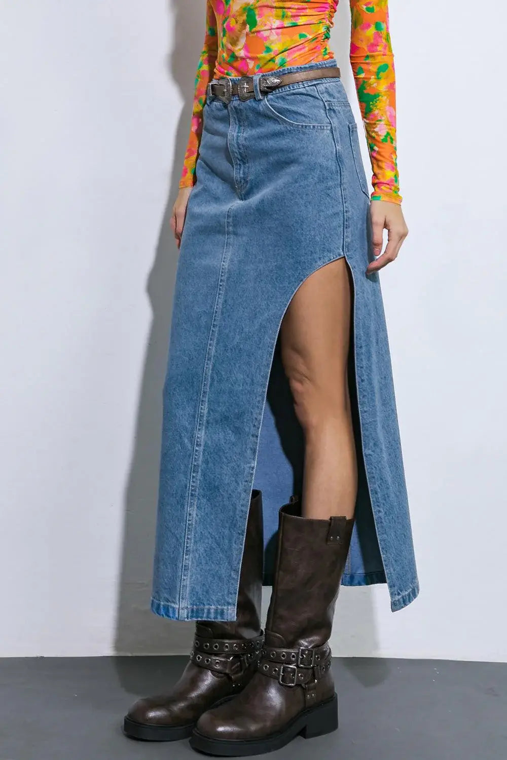 KEEP SHINING DENIM MIDI SKIRT - Flying Tomato - Flyclothing LLC