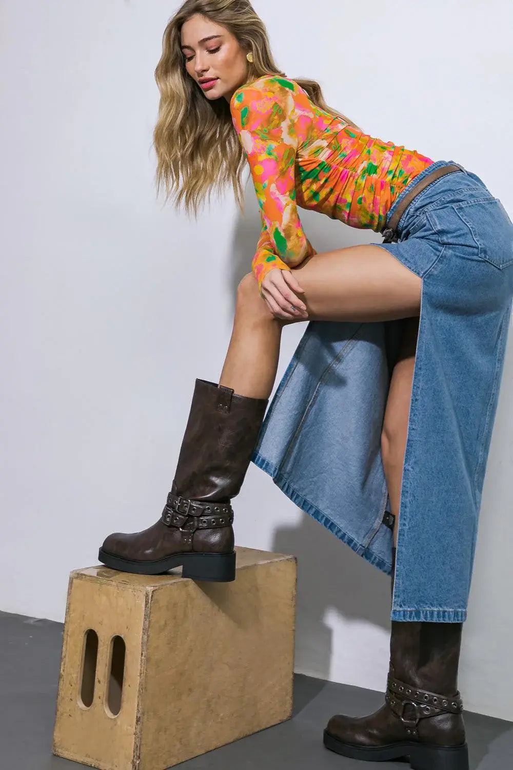 KEEP SHINING DENIM MIDI SKIRT - Flying Tomato - Flyclothing LLC
