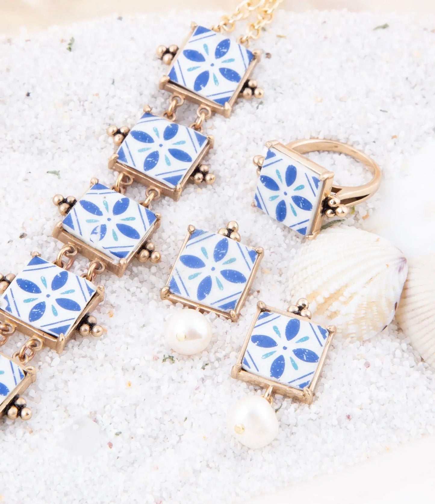 Santorini Blue and White Tile Golden Statement Ring - Barse Jewelry - Flyclothing LLC