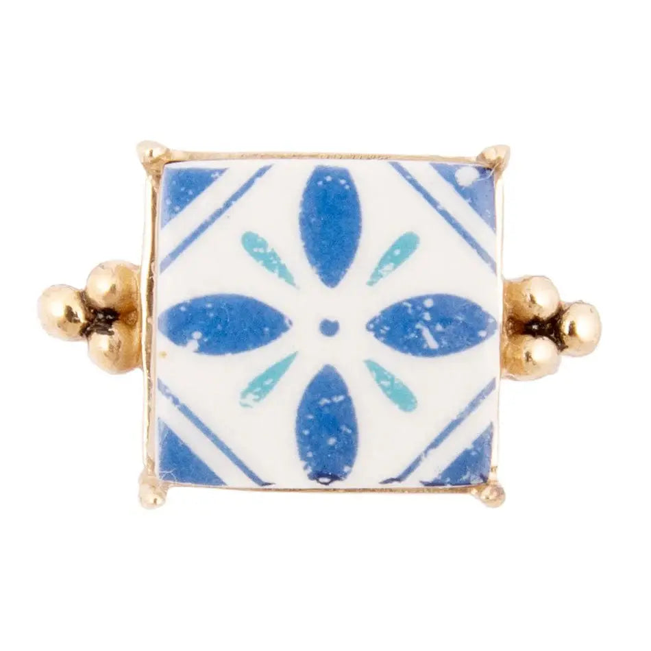 Santorini Blue and White Tile Golden Statement Ring - Barse Jewelry - Flyclothing LLC