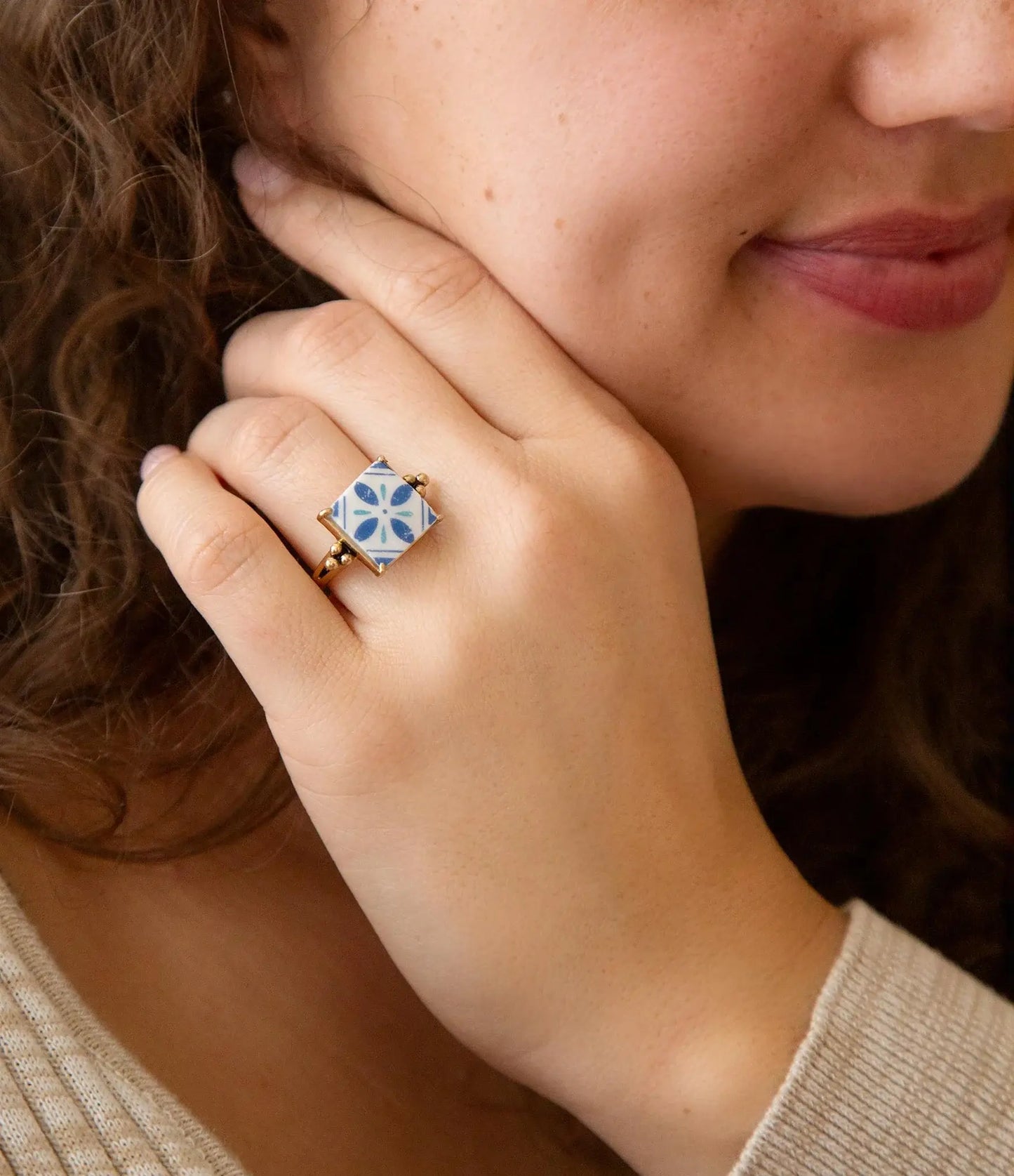 Santorini Blue and White Tile Golden Statement Ring - Barse Jewelry - Flyclothing LLC