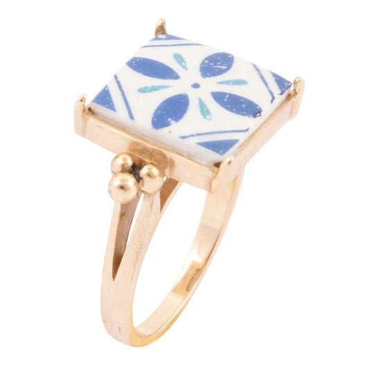 Santorini Blue and White Tile Golden Statement Ring - Barse Jewelry - Flyclothing LLC