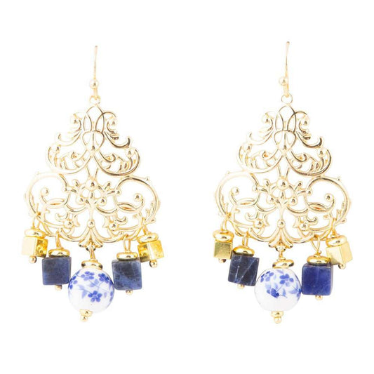 Santorini Cobalt Blue Lapis and Golden Chandelier Earrings - Barse Jewelry - Flyclothing LLC