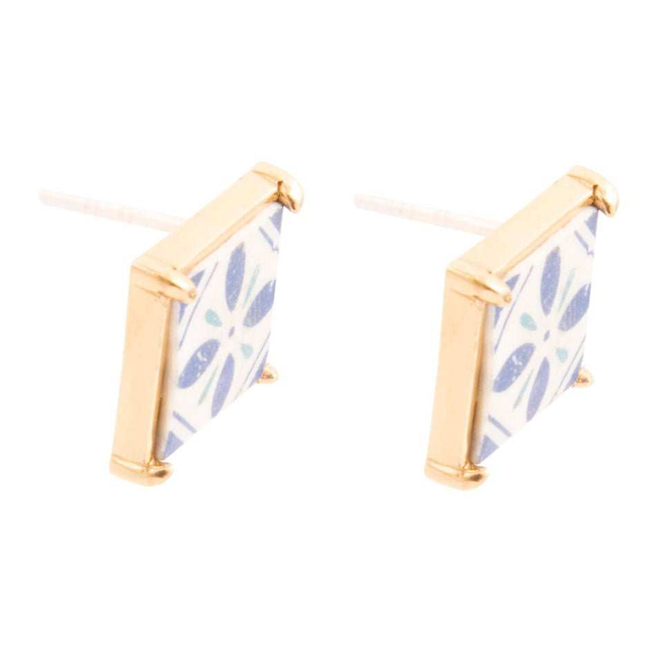 Santorini Dreams Blue and White Tile Post Stud Golden Earrings - Barse Jewelry - Flyclothing LLC