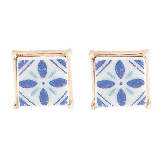 Santorini Dreams Blue and White Tile Post Stud Golden Earrings - Barse Jewelry - Flyclothing LLC