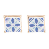 Santorini Dreams Blue and White Tile Post Stud Golden Earrings