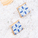 Santorini Dreams Blue and White Tile Post Stud Golden Earrings - Barse Jewelry