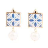 Santorini Dreams Tile Freshwater White Pearl Post Golden Earrings - Barse Jewelry