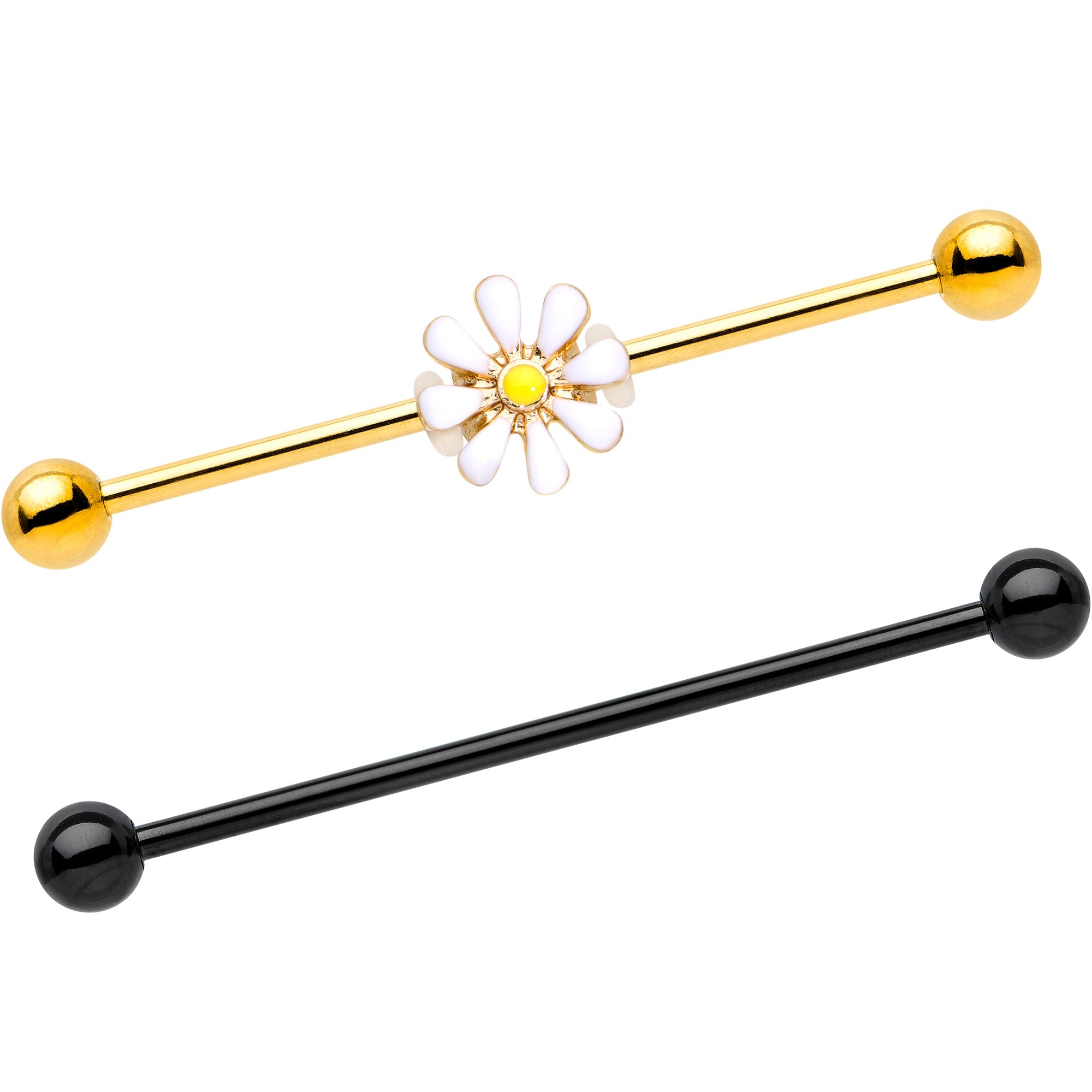 14G Black Gold Tone Daisy Flower Industrial Barbell 38mm Set of 2 - BodyCandy - Flyclothing LLC
