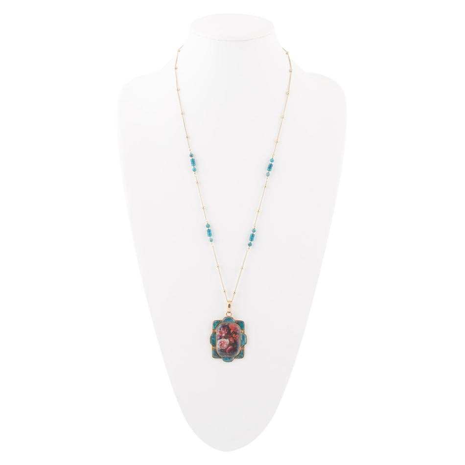 Scenic Red Florals Blue Apatite Golden Pendant Necklace - Barse Jewelry - Flyclothing LLC