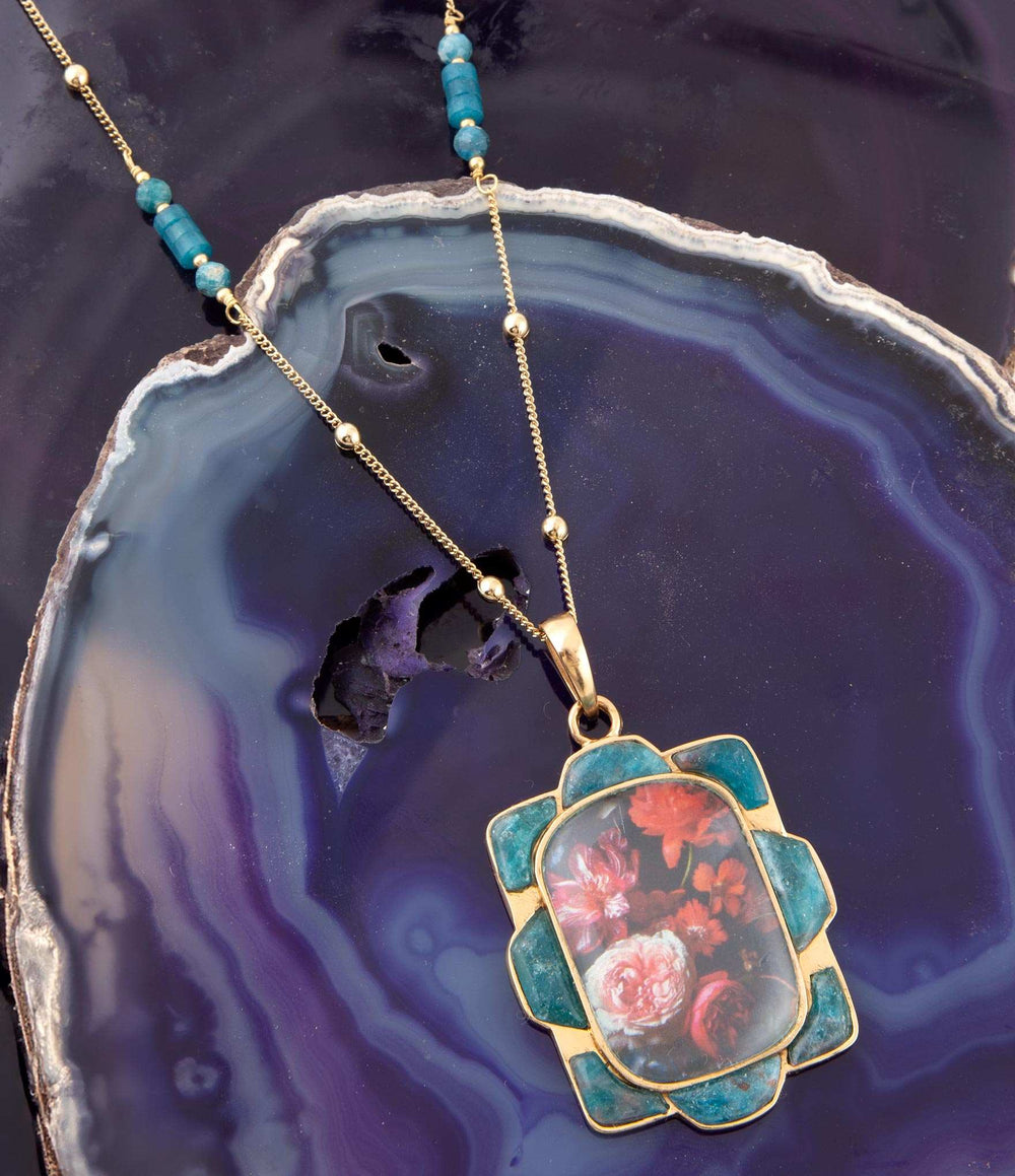 Scenic Red Florals Blue Apatite Golden Pendant Necklace - Barse Jewelry - Flyclothing LLC