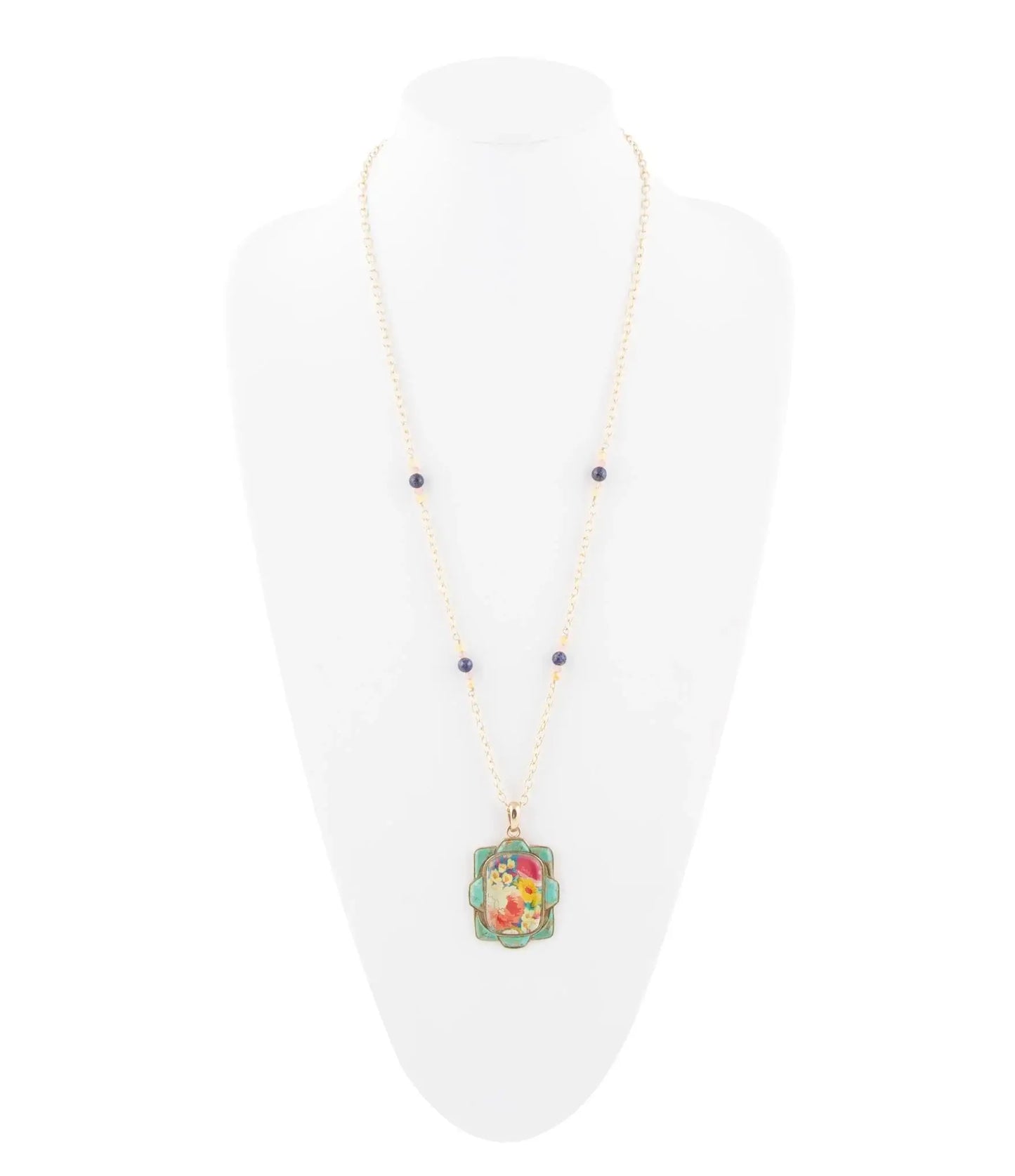 Scenic Floral and Blue Turquoise Golden Pendant Necklace - Barse Jewelry - Flyclothing LLC