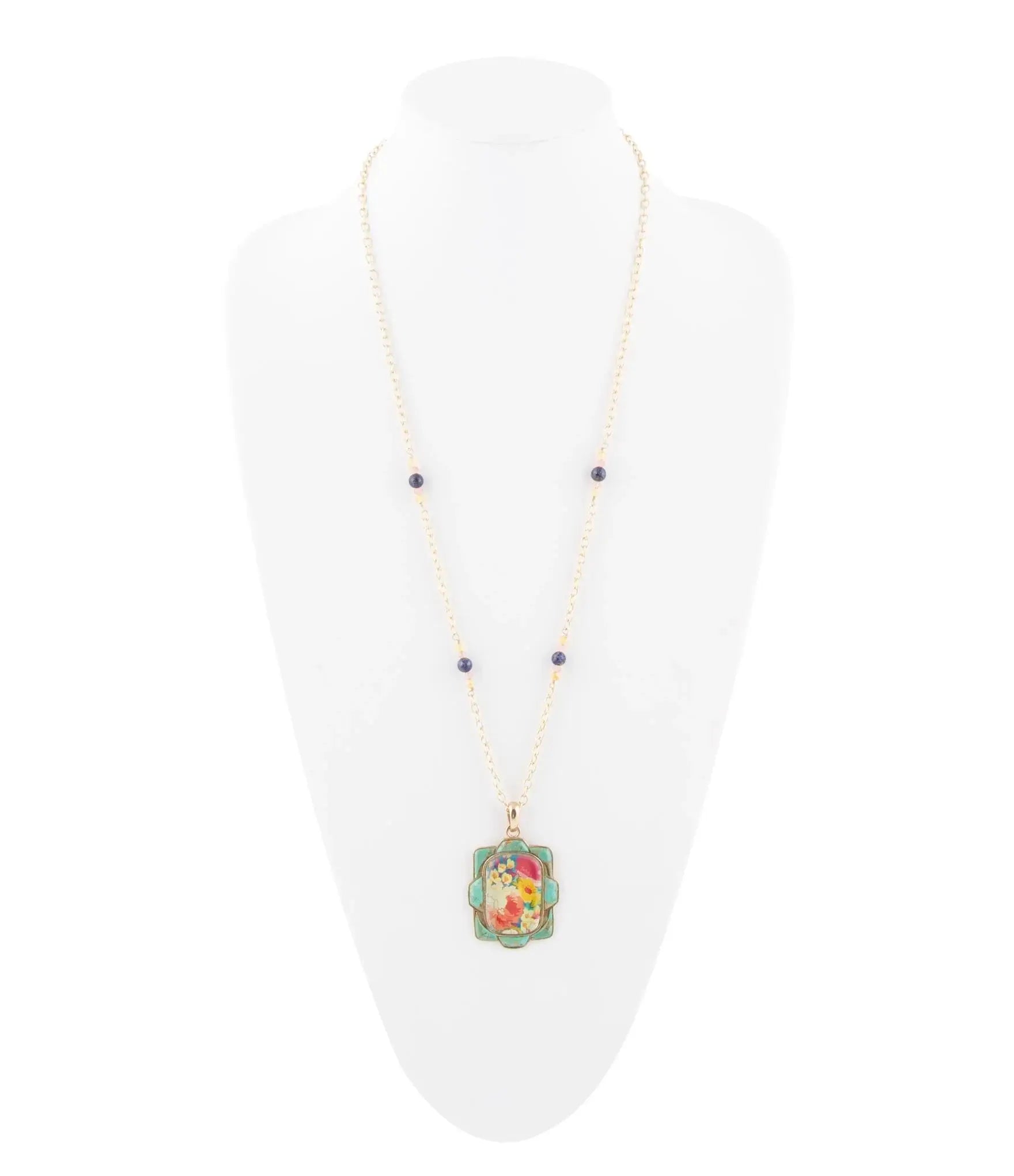 Scenic Floral and Blue Turquoise Golden Pendant Necklace - Barse Jewelry - Flyclothing LLC