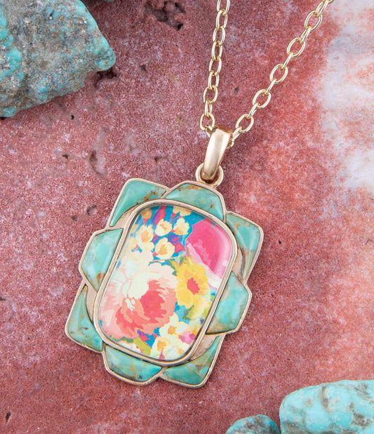 Scenic Floral and Blue Turquoise Golden Pendant Necklace - Barse Jewelry - Flyclothing LLC
