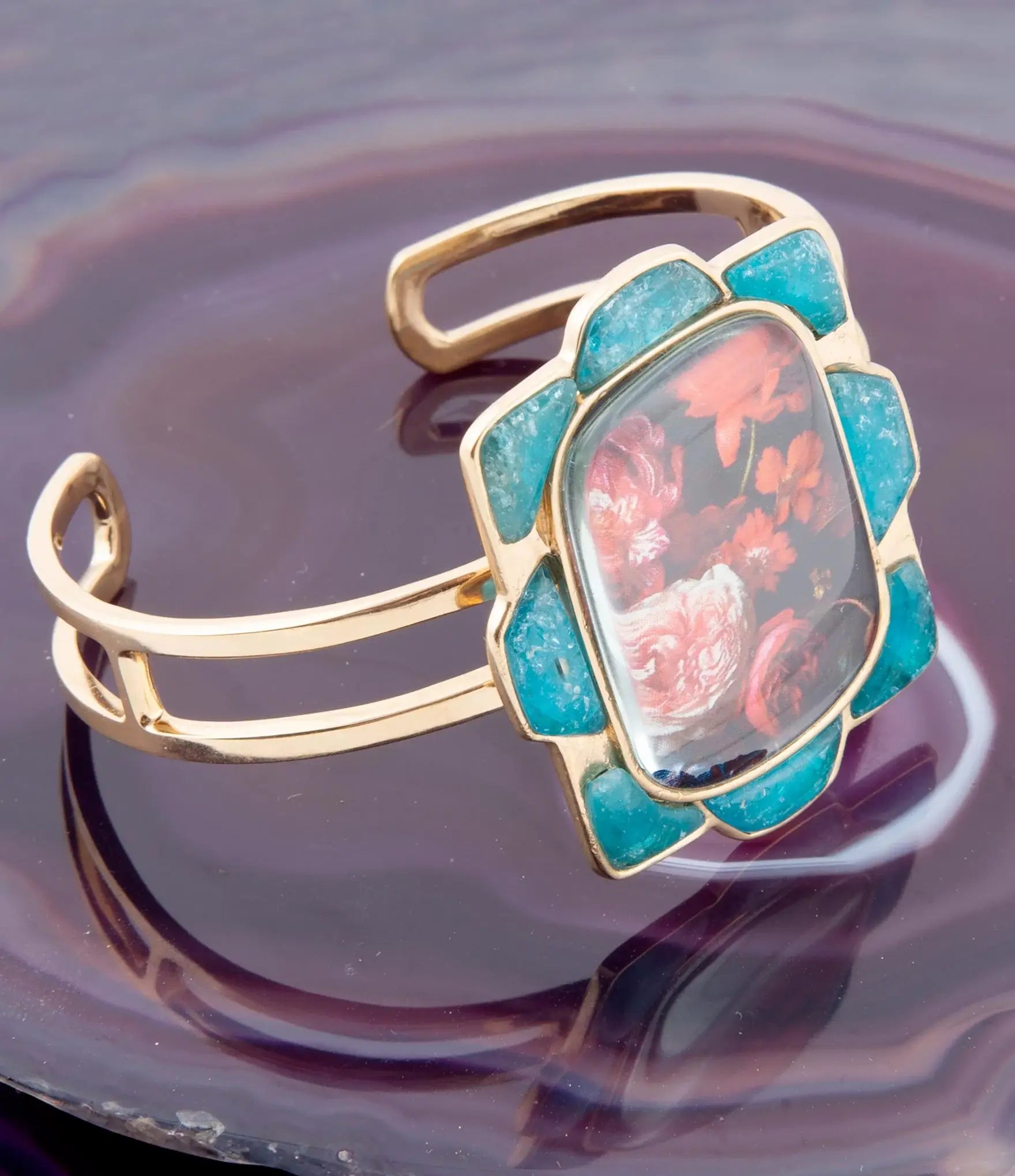 Scenic Red Floral Blue Apatite Golden Cuff Bracelet - Barse Jewelry - Flyclothing LLC